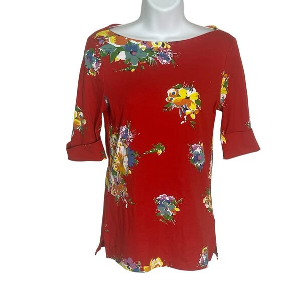 Lauren Ralph Lauren Lot of 2 Tops S/P Boat Neck Stretch Red Floral Blue Geo - Picture 2 of 12